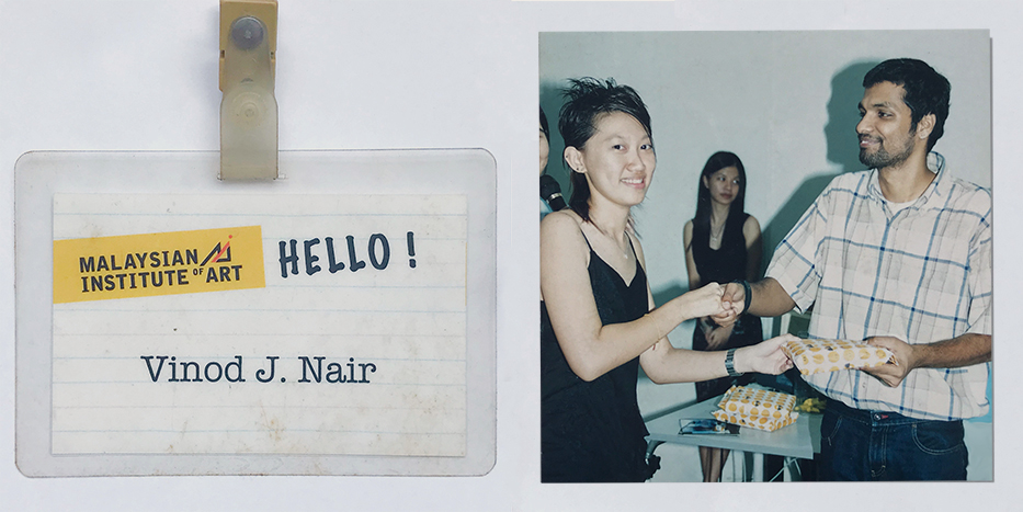 Image of author's name tag. Image of student handing over gift to author.