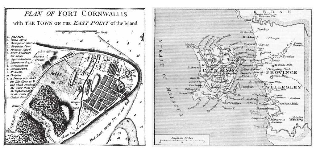 Old map of George Town (source). Right: Old map of Penang and the Province of Wellesley (source). 