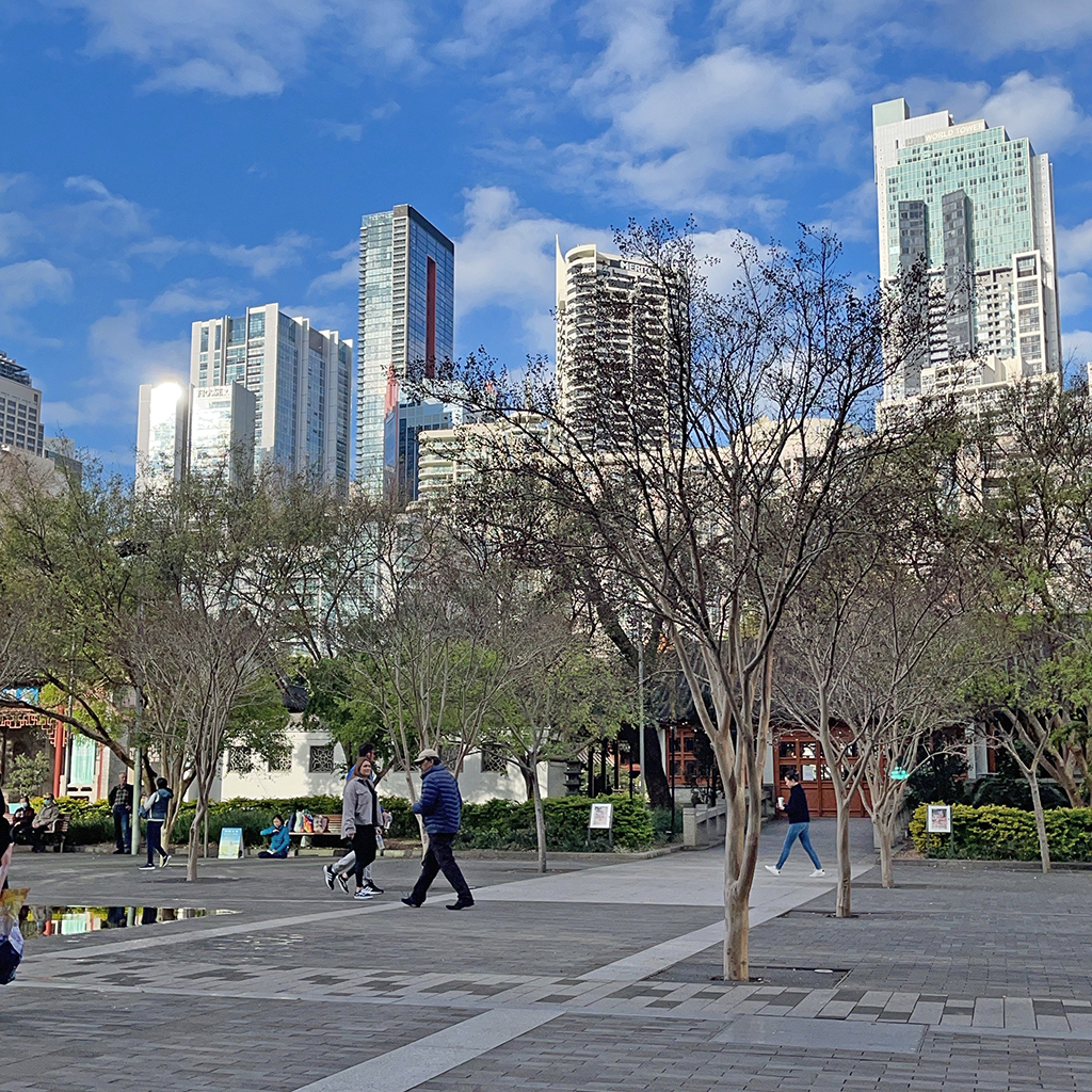 A group of people walking in a park with trees and buildings in the background