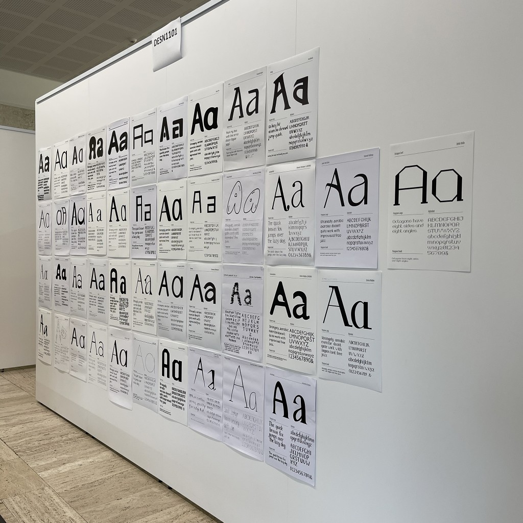 A picture containing posters of fonts on a wall indoors.